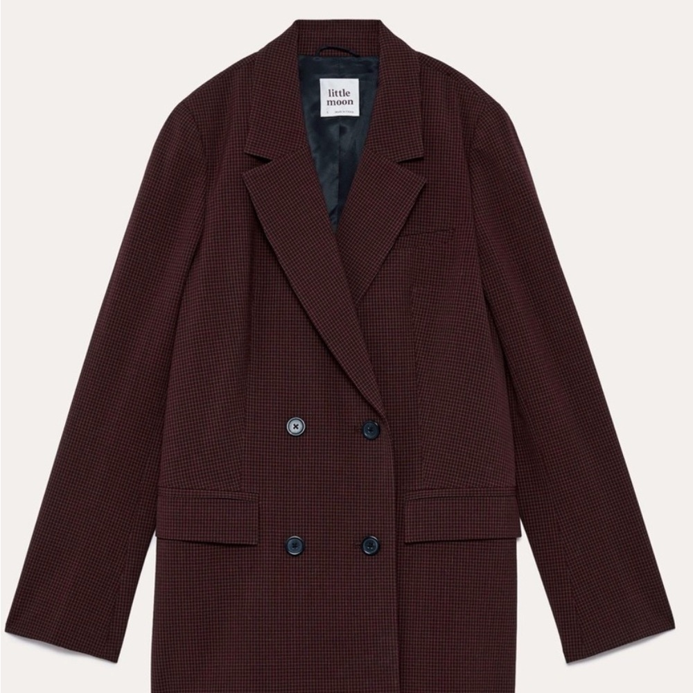 Aritzia Little Moon Double-Breasted Wine-Red Check Blazer